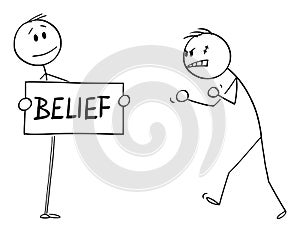 Vector Cartoon Illustration of Confident Person Facing Angry Aggressive Violent Man With Belief Sign in His Hands