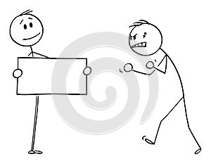 Vector Cartoon Illustration of Confident Person Facing Angry Aggressive Violent Man With Empty Sign in His Hands