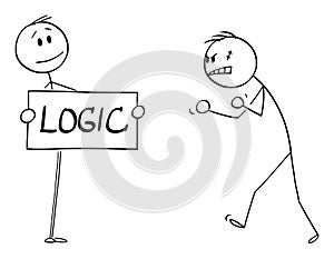 Vector Cartoon Illustration of Confident Person Facing Angry Aggressive Violent Man With Logic Sign in His Hands