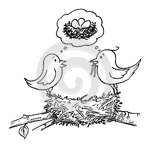 Vector Cartoon Illustration of Couple of Male and Female Birds Building Nest and Thinking Together About Laying Eggs