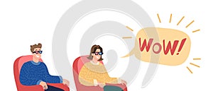 Vector cartoon illustration of couple watching movie in cinema theater in 3d glasses. Movie in stereo glasses. Looking