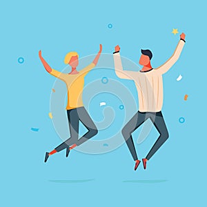 Vector cartoon illustration of Couple woman and man are jumping.
