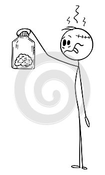 Vector Cartoon Illustration of Crazy Stupid Man Holding and Watching His Own Human Brain in Glass Jar