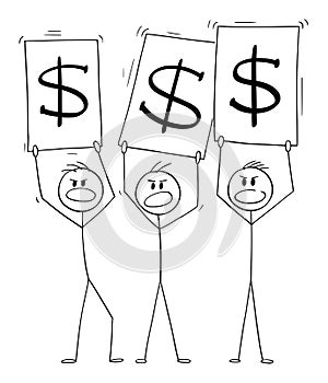 Vector Cartoon Illustration of Crowd of Three Men or Businessmen Demonstrating With Dollar Symbol Signs, Requesting More photo