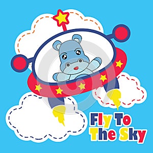 Vector cartoon illustration with cute baby hippo fly with colorful UFO for kid