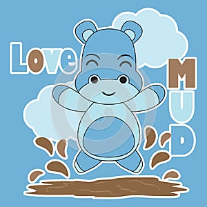 Vector cartoon illustration with cute baby hippo plays mud for kid t-shirt graphic design