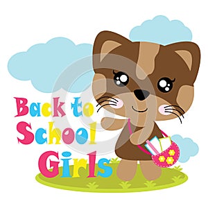 Vector cartoon illustration of cute cat girl back to school