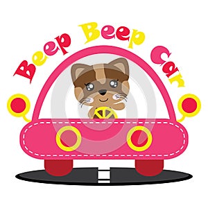 Vector cartoon illustration of cute cat girl drives pink car