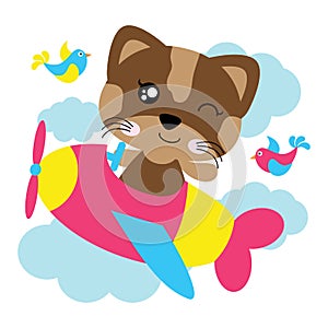 Vector cartoon illustration of cute cat girl flies with plane