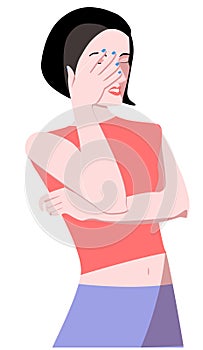 Vector cartoon illustration with cute, character woman holding her hand to face.