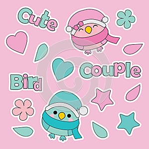 Vector cartoon illustration with cute couple birds, love