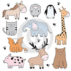 Vector cartoon illustration with cute doodle animals. Perfect se