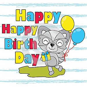 Vector cartoon illustration of cute fox boy brings balloon and box gift suitable for birthday card design