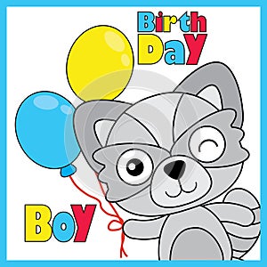 Vector cartoon illustration of cute fox boy brings colorful balloons suitable for birthday card design