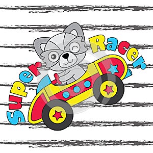 Vector cartoon illustration of cute fox boy drives race car suitable for kid t-shirt graphic design