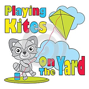 Vector cartoon illustration of cute fox boy plays kite on the ground suitable for kid t-shirt graphic design