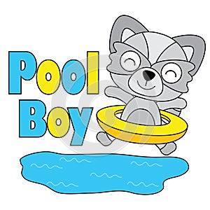 Vector cartoon illustration of cute fox boy plays on the pool suitable for kid t-shirt graphic design