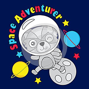 Vector cartoon illustration of cute fox boy on the space suitable for kid t-shirt graphic design