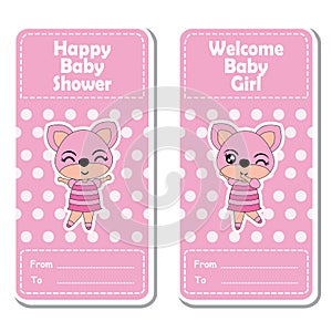 Vector cartoon illustration with cute fox girls on pink polka dot background