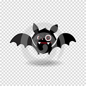 Vector cartoon illustration of cute friendly black bat character on transparent background