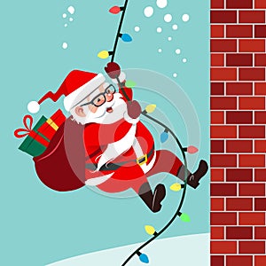 Vector cartoon illustration of cute friendly Santa Claus climbing a rope of string Christmas lights up brick wall carrying bag