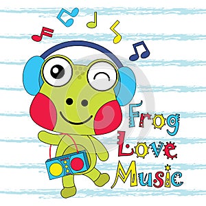 Vector cartoon illustration of cute frog loves music