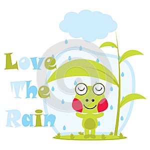 Vector cartoon illustration of cute frog loves the rain