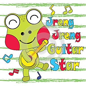 Vector cartoon illustration of cute frog plays guitar