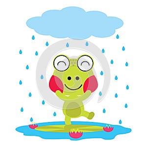 Vector cartoon illustration of cute frog plays on the rain