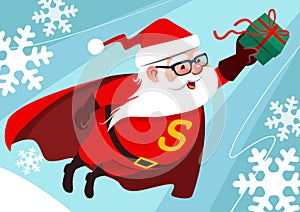 Vector cartoon illustration of cute funny Santa Claus as superhero, wearing cape, flying through the air with one arm stretched f