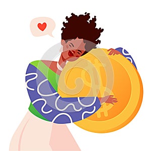 Vector cartoon illustration with cute girl hugging large gold coin with dollar symbol.