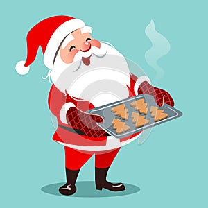 Vector cartoon illustration of cute happy Santa standing, holding baking sheet with Christmas tree shaped cookies. Christmas cook