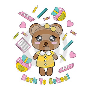 Vector cartoon illustration with cute little bear girl and school items suitable for kid t-shirt graphic design