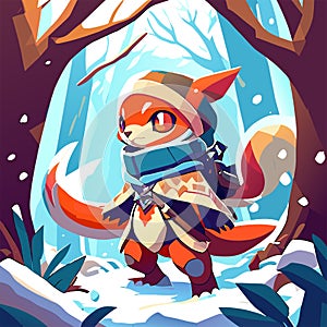 Vector cartoon illustration of cute little boy in a red fox costume on the background of a waterfall generative AI