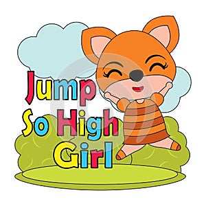 Vector cartoon illustration of cute little fox girl jump so high