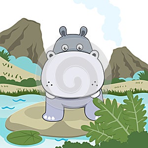 Vector cartoon illustration of cute little hippo play in jungle, T-Shirt Design for children. Creative vector childish background