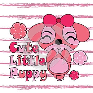 Vector cartoon illustration with cute little puppy on striped background