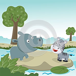 Vector cartoon illustration of cute little rhino and zebra play in jungle, T-Shirt Design for children. Creative vector childish