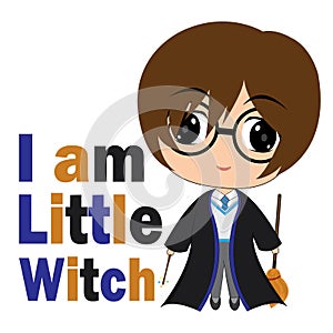 Vector cartoon illustration of cute little witch boy suitable for kid t-shirt graphic design