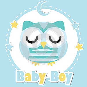 Vector cartoon illustration with cute owl boy on blue moon and stars