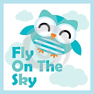 Vector cartoon illustration with cute owl fly on the sky