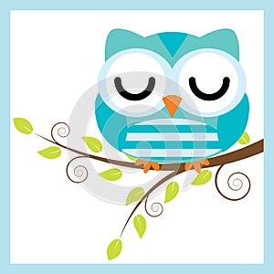 Vector cartoon illustration with cute owl sleep on tree branch