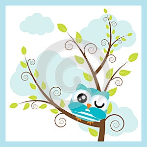 Vector cartoon illustration with cute owl on tree branch and cloud background