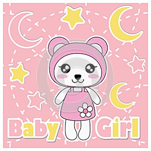 Vector cartoon illustration with cute panda girl, stars, and moon suitable for Baby shower kid t-shirt graphic design