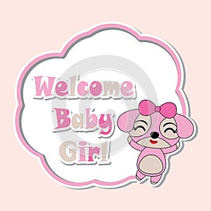 Vector cartoon illustration with cute puppy girls on pink flower frame