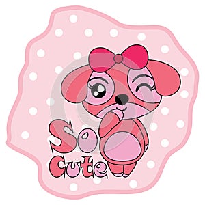 Vector cartoon illustration with cute puppy on polka dot