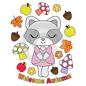 Vector cartoon illustration with cute raccoon girl, apple, mushroom