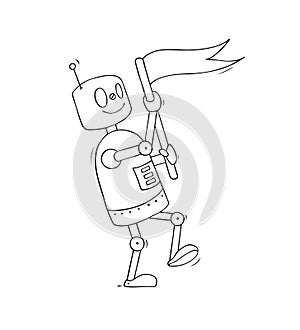 Vector cartoon illustration - cute robot holding flag. Technical illustration