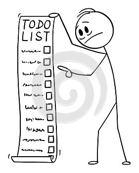 Vector Cartoon Illustration of Depressed Man or Businessman Holding Long Todo, To-do or Checklist or Task List