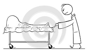 Vector Cartoon Illustration of Doctor or Orderly Pushing Cart with Covered Dead Human Body